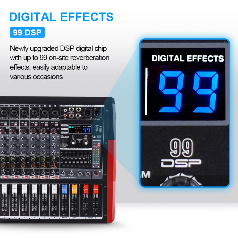 TF600 6-Channel Professional Mixer with Bluetooth Sound Bar with Power Amplifier 2 * 450W Power Output Powered Mixer, 7-Stage Equalizer, 99 DSP Effects, Recording Input USB Drive for Speakers