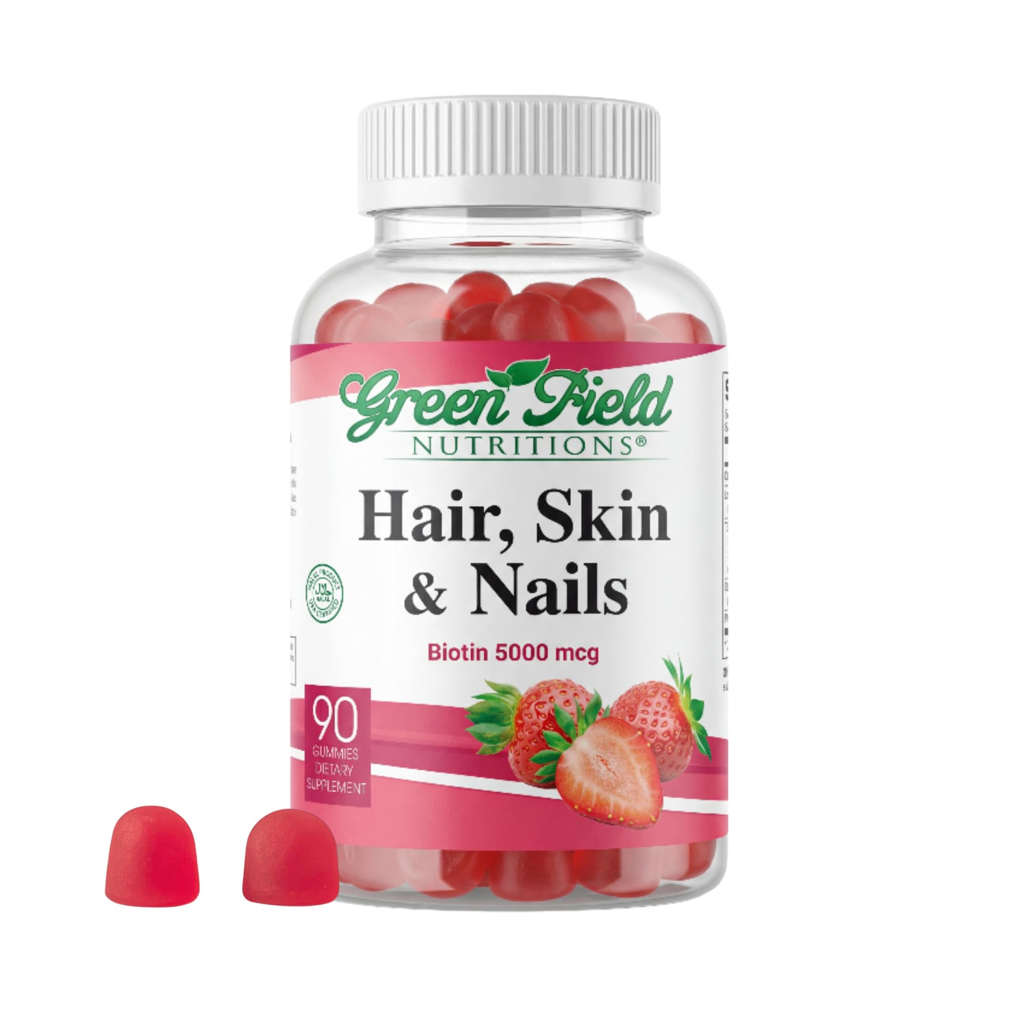 Greenfield Nutritions - Halal Biotin Gummies Vitamin for Hair, Skin and Nails, Supports Fat Metabolism, Hair Growth, Strong Nails & Clear Skin, Gelatin Free, Non-GMO, and Gluten Free - 90 Gummies