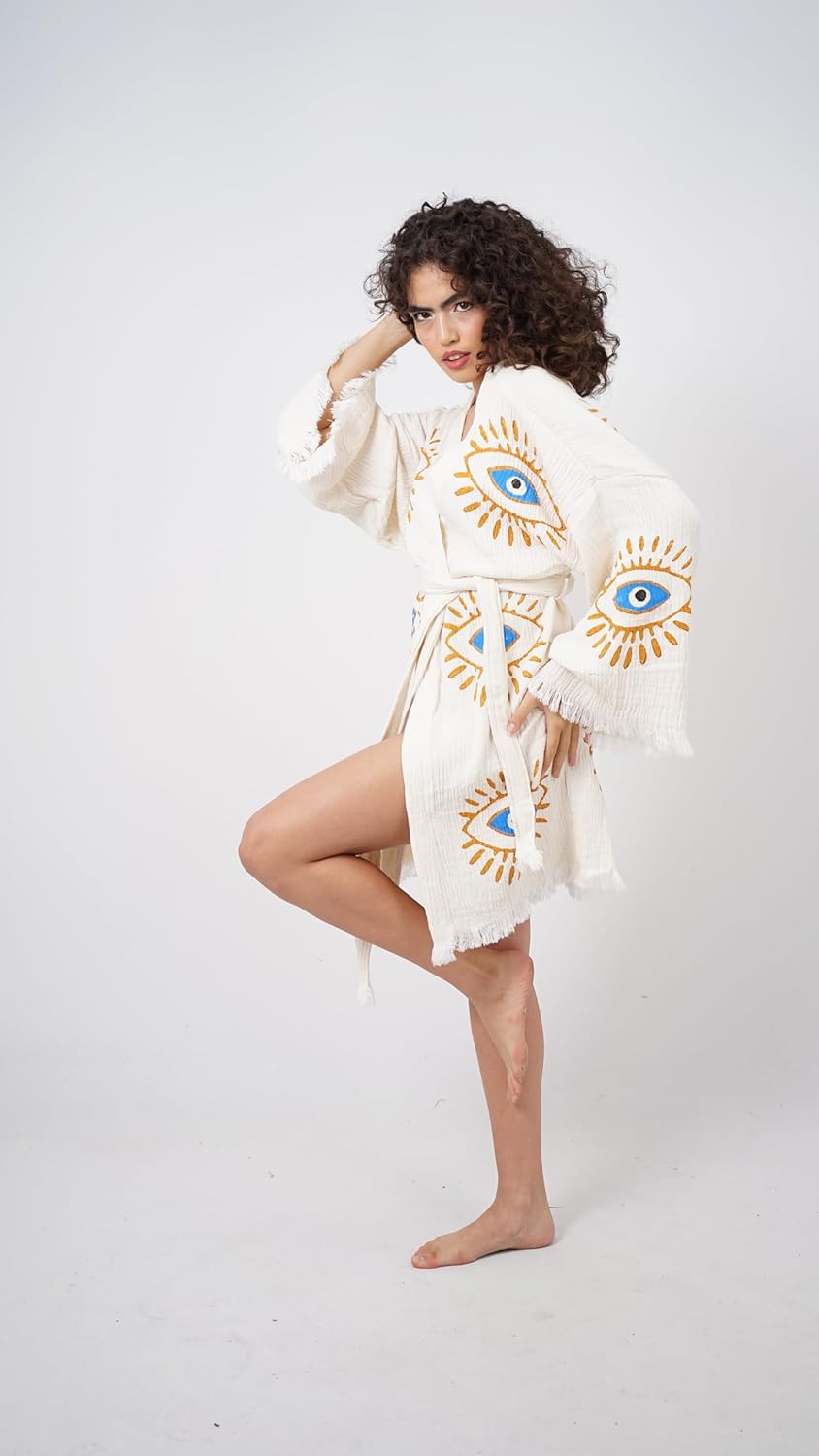 Handmade Evil Eye Boho Festival Midi Size Kimono - Image 4