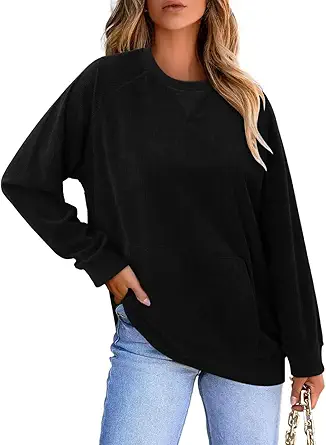 KISSMODA Women's Casual Long Sleeve Sweatshirt Color Block/Solid Crewneck Corduroy Pullover Cute Tops