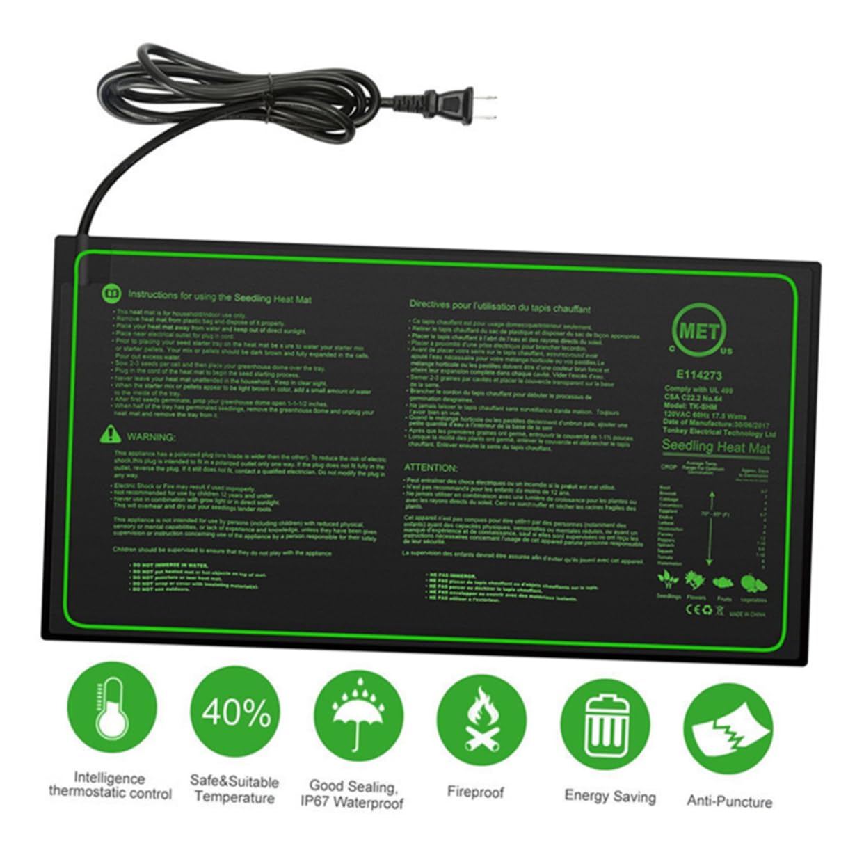 BESPORTBLE 230v Tappetino Riscaldante Per Piante e Resistente Riscaldamento Idroponico Silicone Per Germinazione e Propagazione Di Piantine Nero Eu