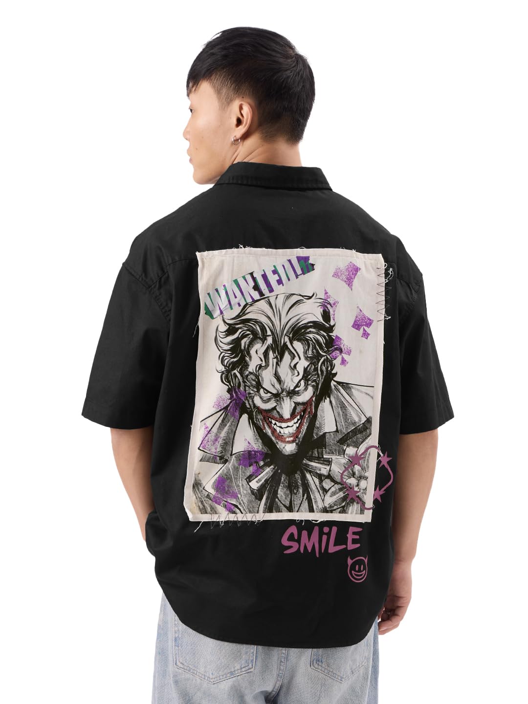 The Souled StoreOfficial Joker: Devil's Smile Men and Boys Short Sleeves Collared Neck Button Front Black Graphic Printed Cotton Oversized Shirts