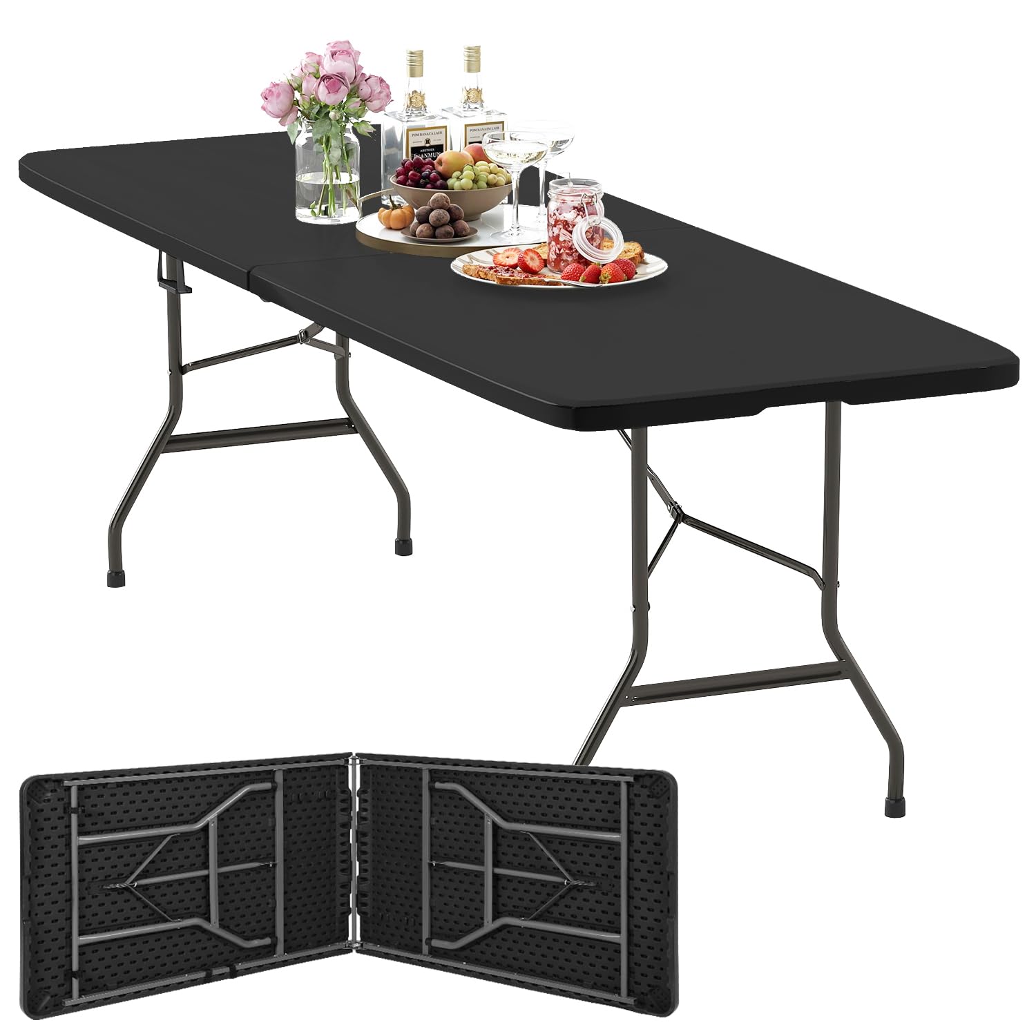 FDW | 8FT Folding Table | Black | Portable Plastic Table