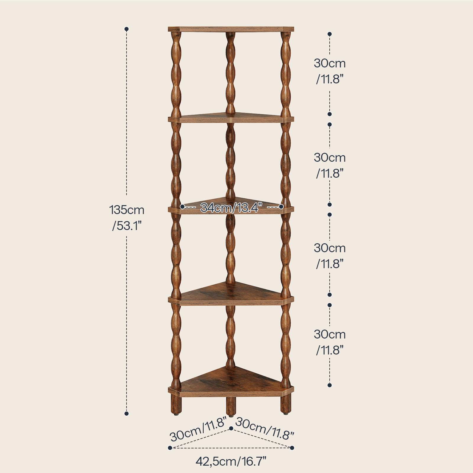 HOOBRO 5-stöckiges Regal, Bücherregal, Eckregal, Standregal, Lagerregal | Eckregal mit Bauchigen Beinen, 135 cm hoch, für Schlafzimmer, Wohnzimmer, Büro und Kleine Räume, Vintagebraun EFG195CJ01