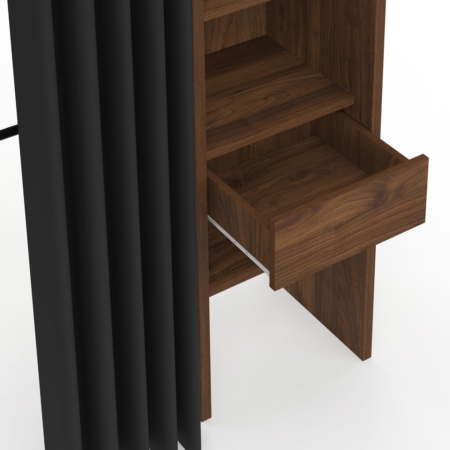 IDMarket - Dressing extensible double MERYL 120/180 x 50 x 180 cm noyer avec étagères + double penderie + rideau noir