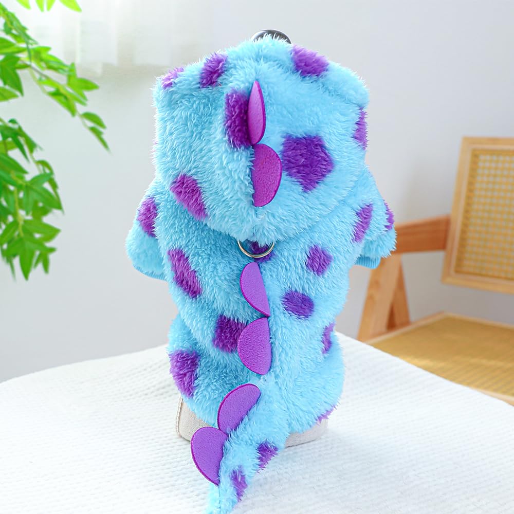 Dinosaur Dog Clothes for Small Dog Girl Boy, Fleece Winter Puppy Hoodies with Leash Ring, Cold Weather Coat for Cat, Funny Dinosaur Costume for Christmas Halloween. (Blue-2, X-Small)
