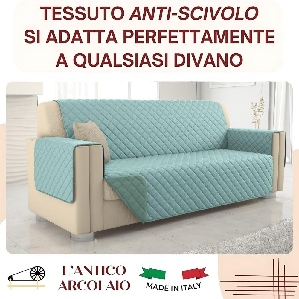 L'ANTICO ARCOLAIO - Copridivano 3 Posti Resistente ai Graffi e Antiscivolo, Reversibile in Microfibra Double Face Verde/Salvia