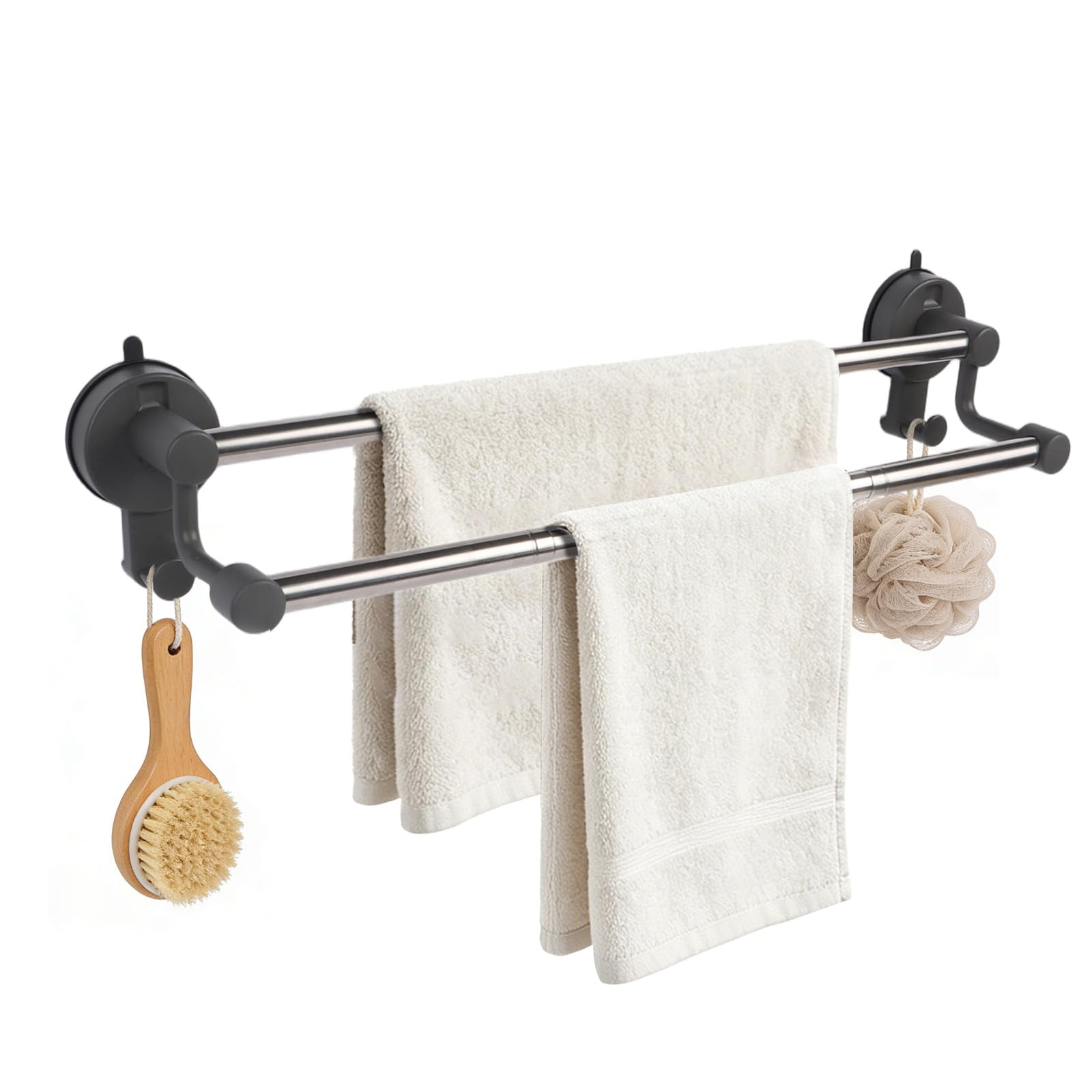 Aovanta Double Towel Rail, Dark Grey Suction Cup Towel Holder with Hooks, 27-45.5 CM Adjustable Bathroom Towels Bar Rail for Bathrooms, Kitchens, Utility Rooms (Style 2-Dark Grey)