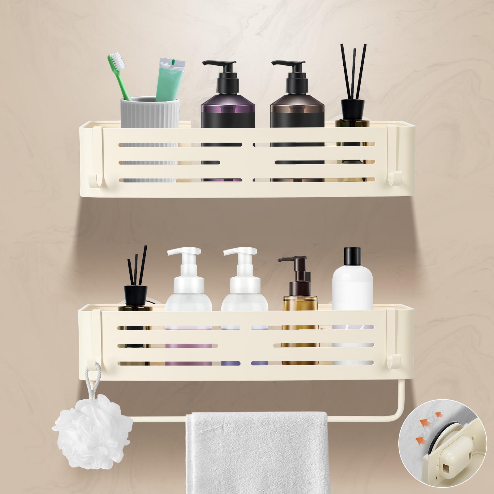 Lekesky Suction Cup Shower Caddy, No Drill Shower Shelves with a Towel Bar, Aluminum Rust Proof Bathroom Shower Organizer with 12 Hooks（2-Pack, Cream） — image 1
