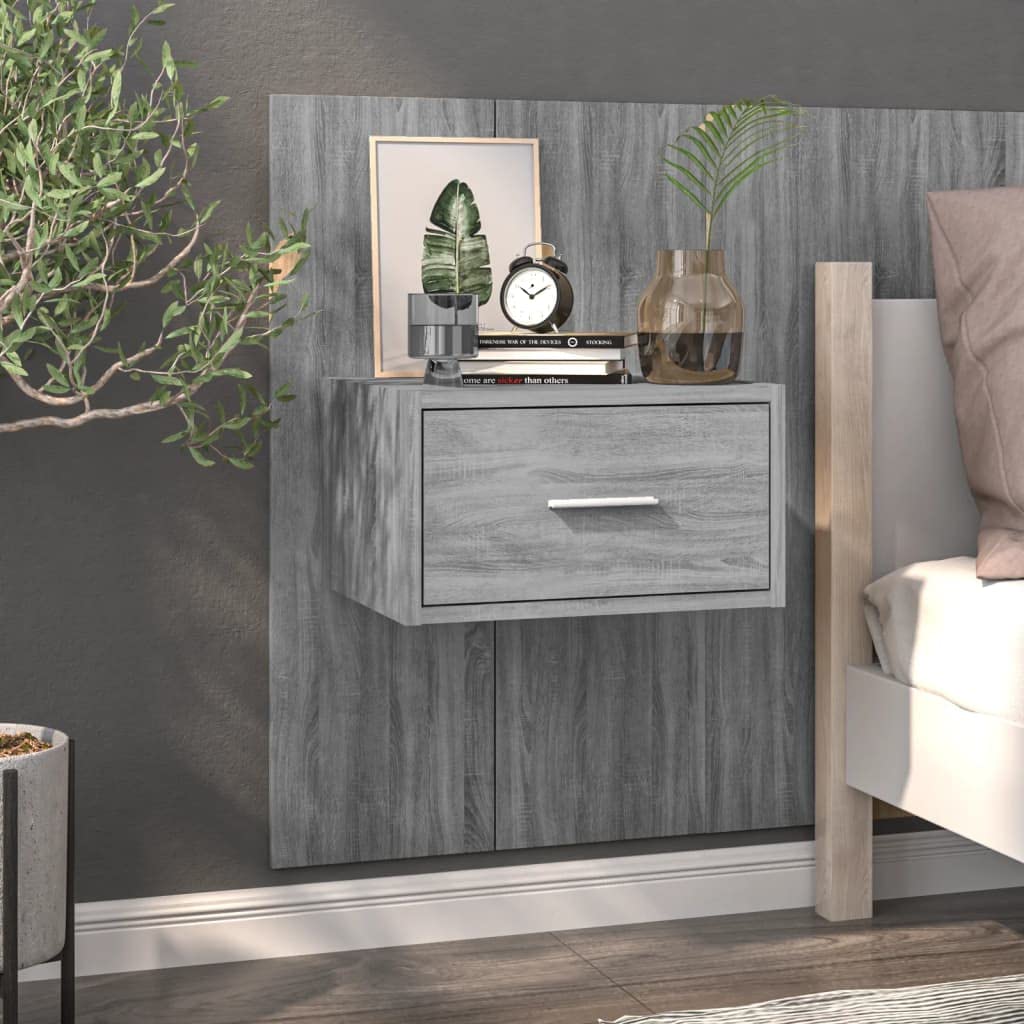 Mesita de noche multifuncional de pared hecha de material de madera para montaje en pared con cajón – Mesita de noche montada en la pared con almacenamiento gris Sonoma 2 unidades