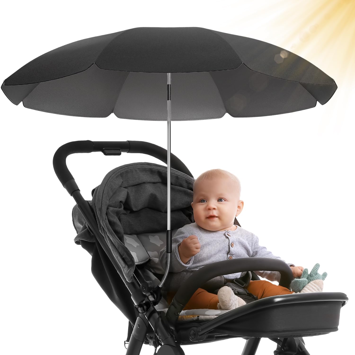 STYNGARD Sonnenschirm Kinderwagen UV Schutz 50+ / 70 cm Durchmesser mit Überhang - Sonnenschutz Kinderwagen - Sonnenschutz Buggy mit flexibler Universalhalterung Modell ROME