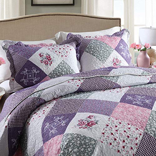 NEWLAKE Quilt Bedspread Sets-Floral Checkered Pattern Reversible Coverlet Set,King Size
