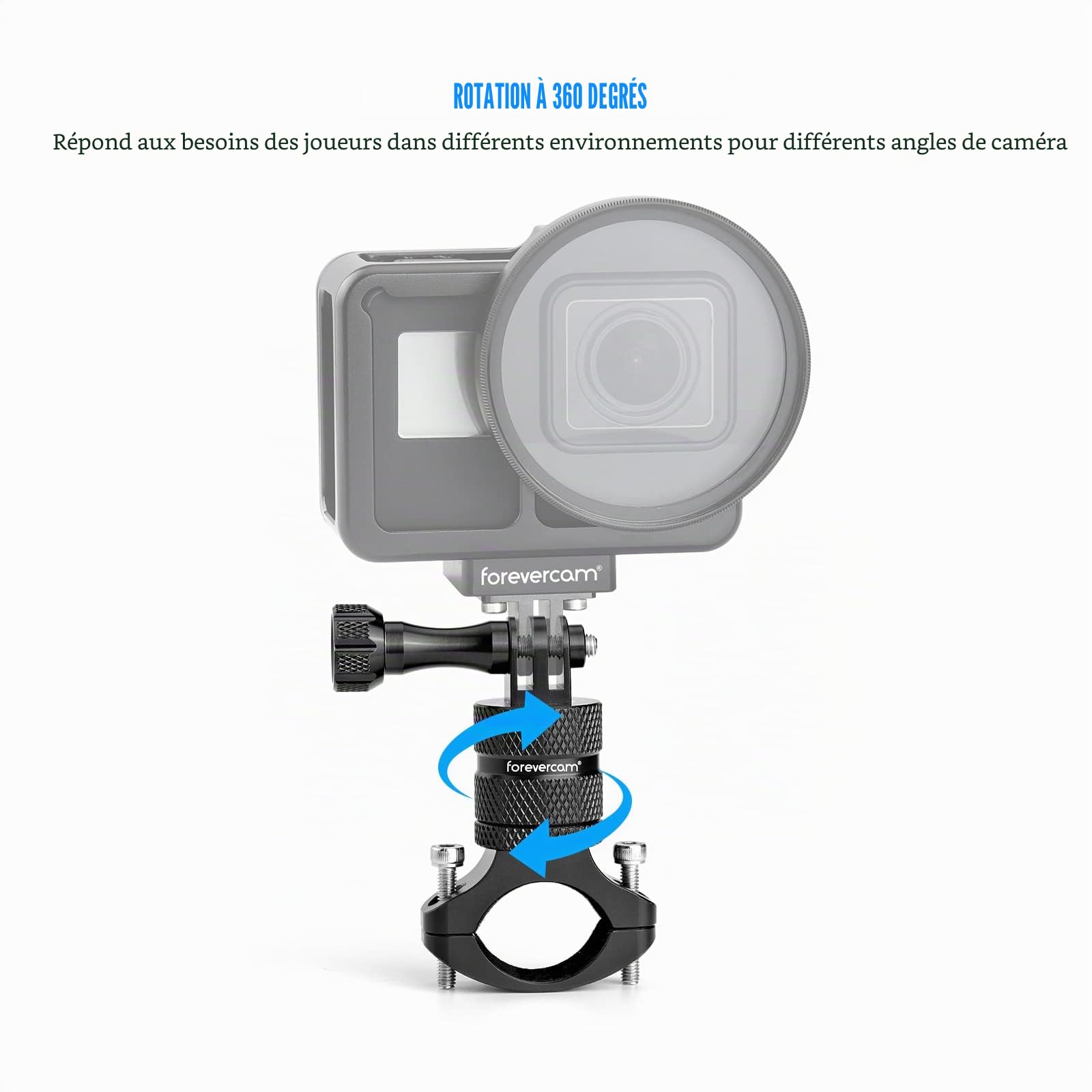 Forevercam-Support de caméra d’action en alliage d’aluminium pour guidon de vélo, rotation à 360 degrés, compatible avec diverses caméras