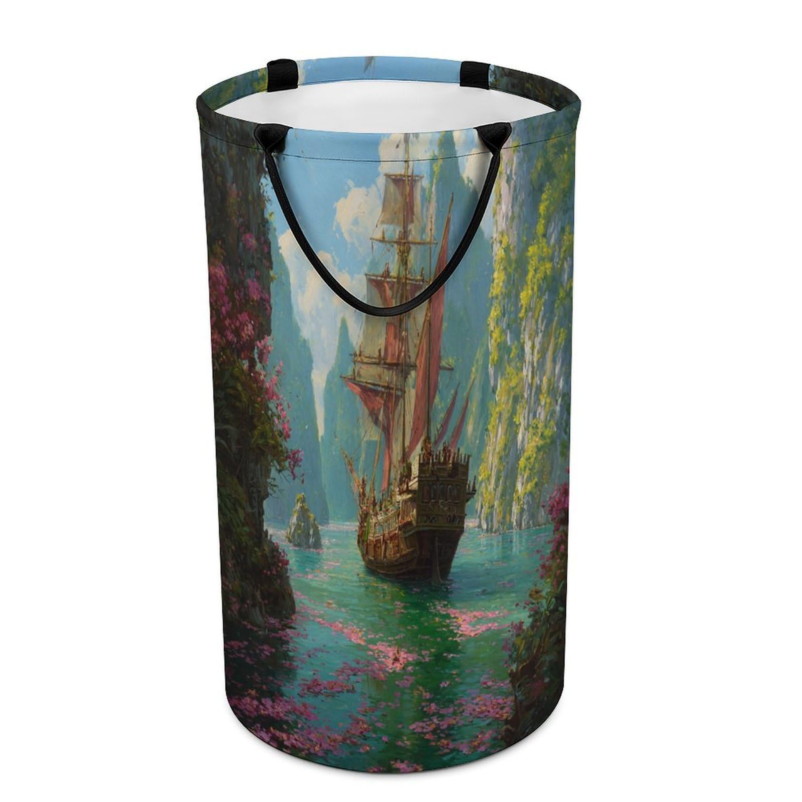 LUYYSKY Rustic Modern Pirate Ship Collapsible Dirty Clothes Basket, Classic Fantasy Nautical Tropical Cliff Sea Boat Plant Flowers Portable Clothes Storage Laundry Basket-40 CM Dia, 69 CM High