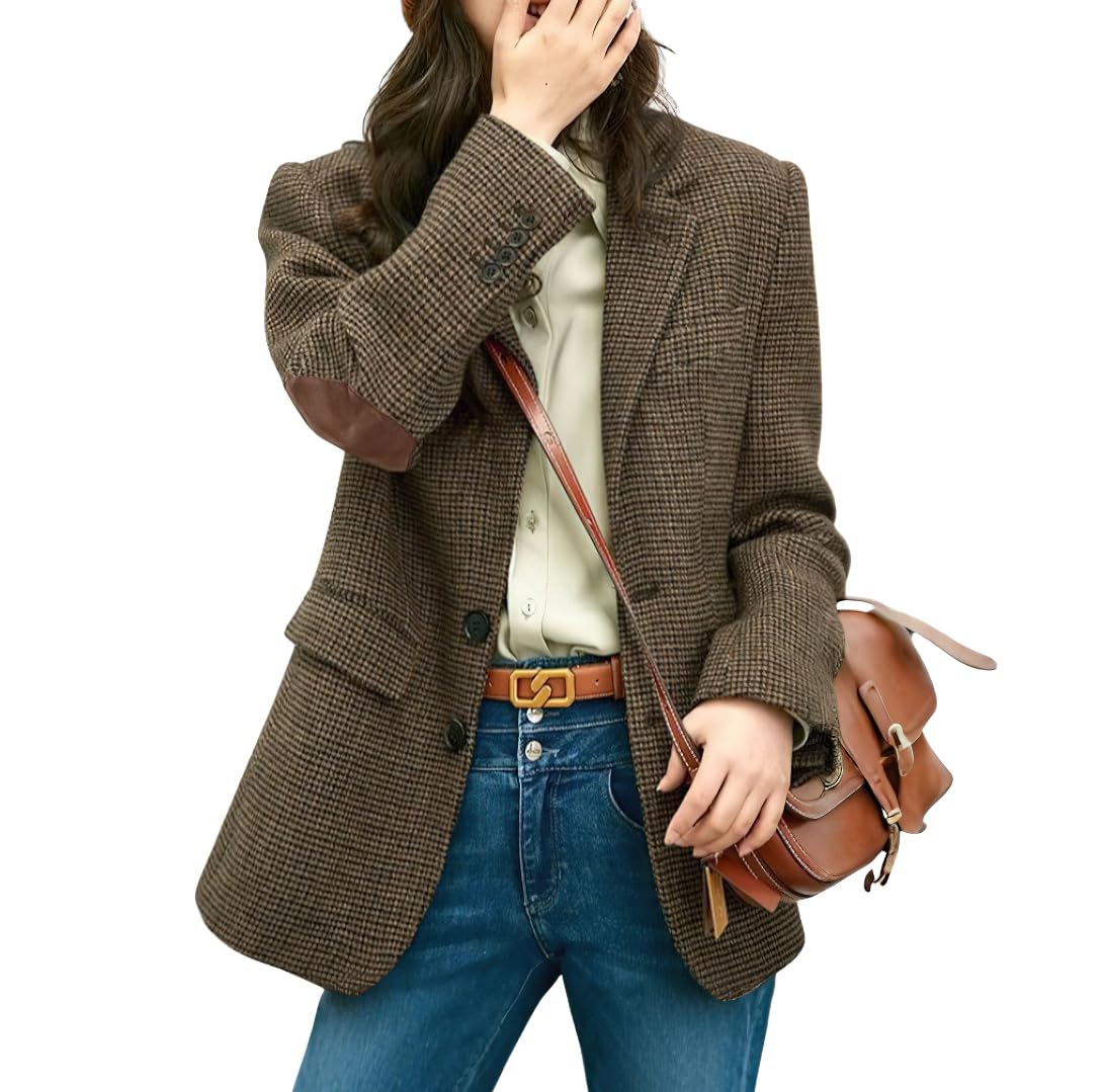 chouyatou Women's Fall Winter Wool Business Casual Blazer Jacket Single Breasted Plaid Dressy Work Coat-picture-53