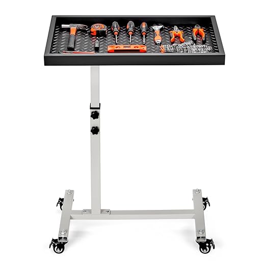 OLBRUS Adjustable Work Table with Wheels, Mechanic Rolling Tool Tray Table for Garage Repair Shops DIY, 220LBS Capacity Mobile Heavy Duty Steel Tool Cart (Gray)