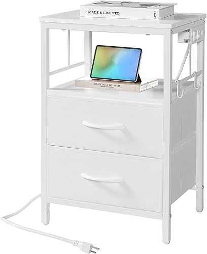 MOFAIN Mesita de noche con estación de carga, mesa auxiliar con cajones de tela y estante abierto, mesita de noche para decoración de dormitorio,