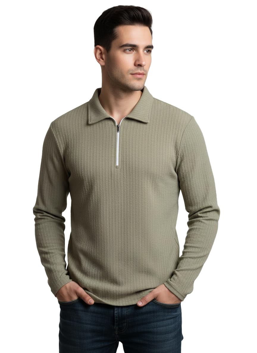 men’s solid zip polo neck full sleeve t-shirt – soft polyester blend, regular fit casual & sportswear top for daily, gym & outdoor use