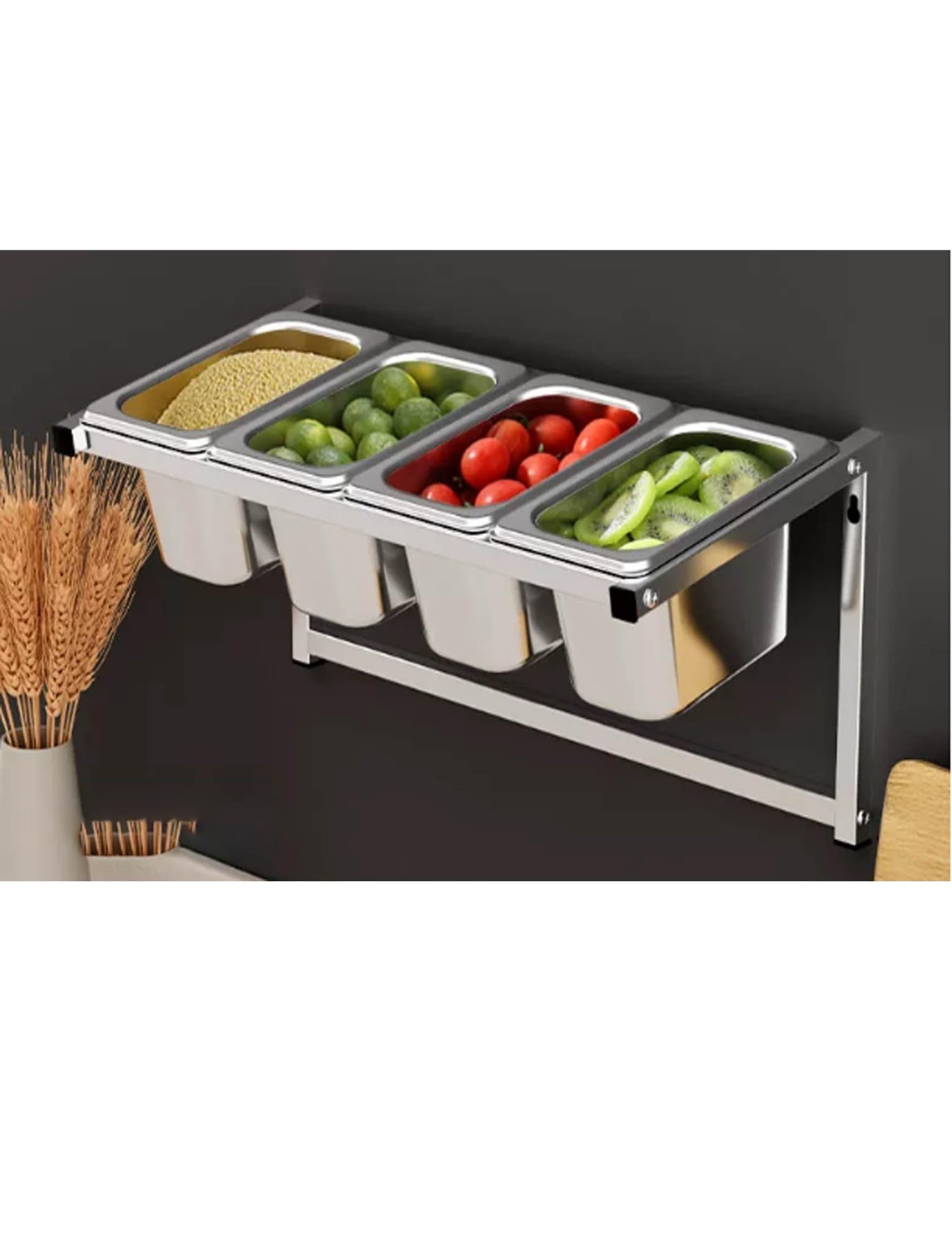Station murale pizza en inox avec bacs amovibles et couvercles pour condiments