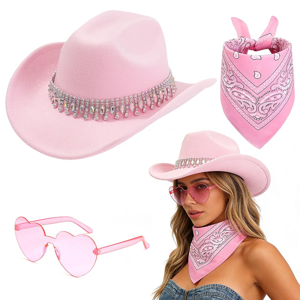 VorPrillynt Cowboy Hat Set 3PCS Western Cowboy Hat Set with Unique Bull Head Sunglasses and Square Scarf Costume Accessories Multi Functional for Cowgirl Theme Bachelorette Party 5