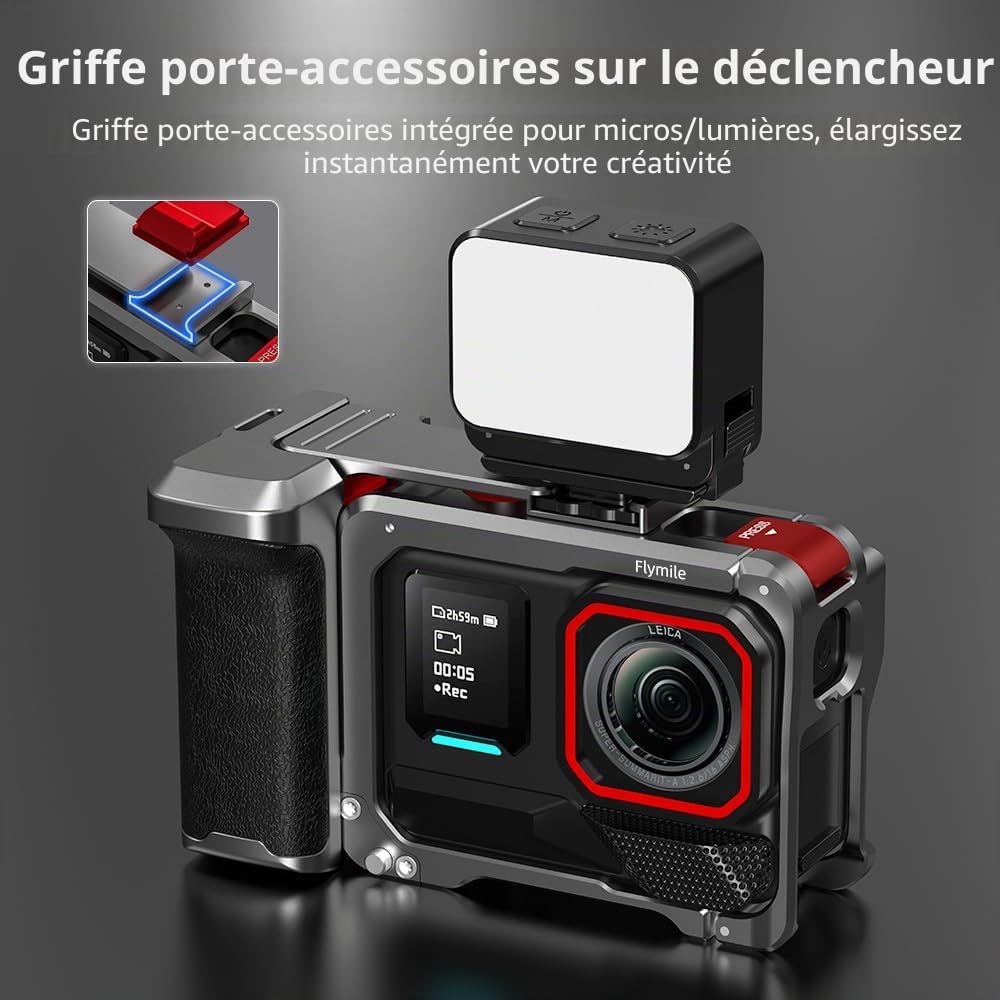 BRDRC Kit de poignée pour Insta360 Ace Pro 2/Ace Pro (avec cage), support de poignée avec bouton déclencheur, dégagement rapide, griffe pour Insta 360 Ace Pro 2/Insta360 Ace Pro Accessoires