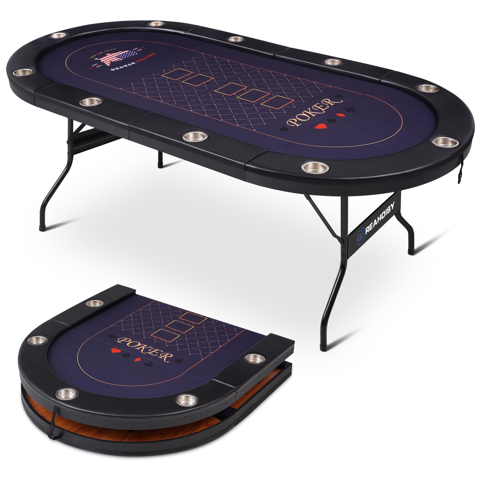 REAHOISY 84 Inch Poker Table Foldable, 10 Player Folding Casino Tables with Casino Grade Felt, Padded Rails & Cup Holders, Portable Poker Table for Texas Holdem