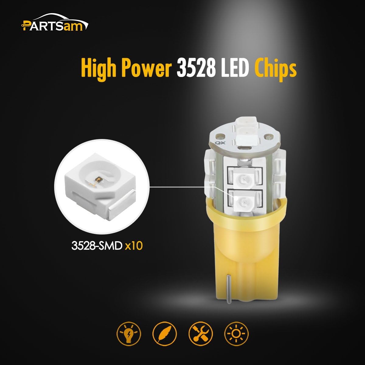 Partsam T10 LED Light Bulbs 5pcs 10-3528-SMD Chipset 194 168 Amber LED Replacement Bulbs for Pickup Truck Cab Marker Roof Running Top Light 12V (Pack of 5)