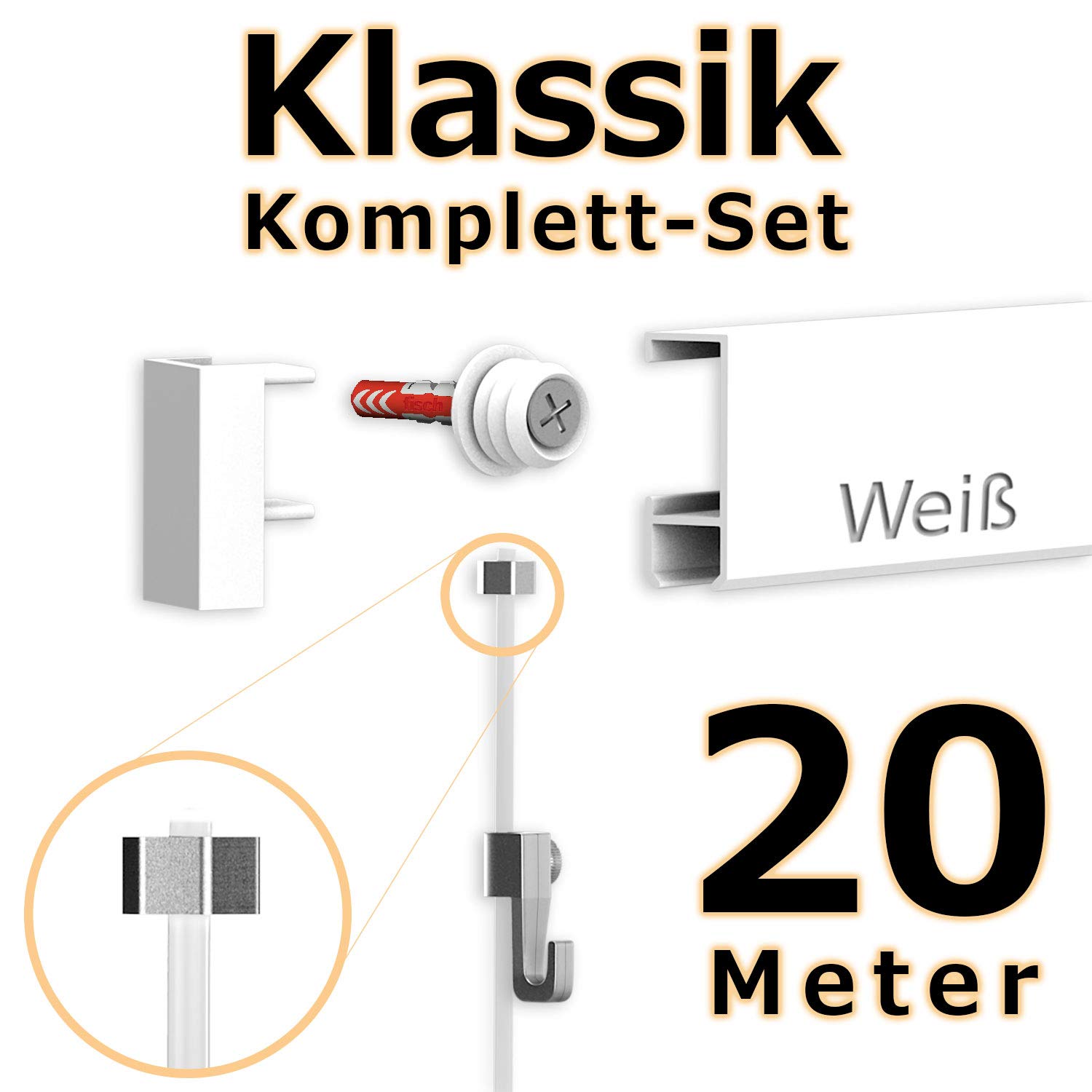 20 Meter Bilderschienen Galerieschienen - Komplett Set in weiß von Hang-it