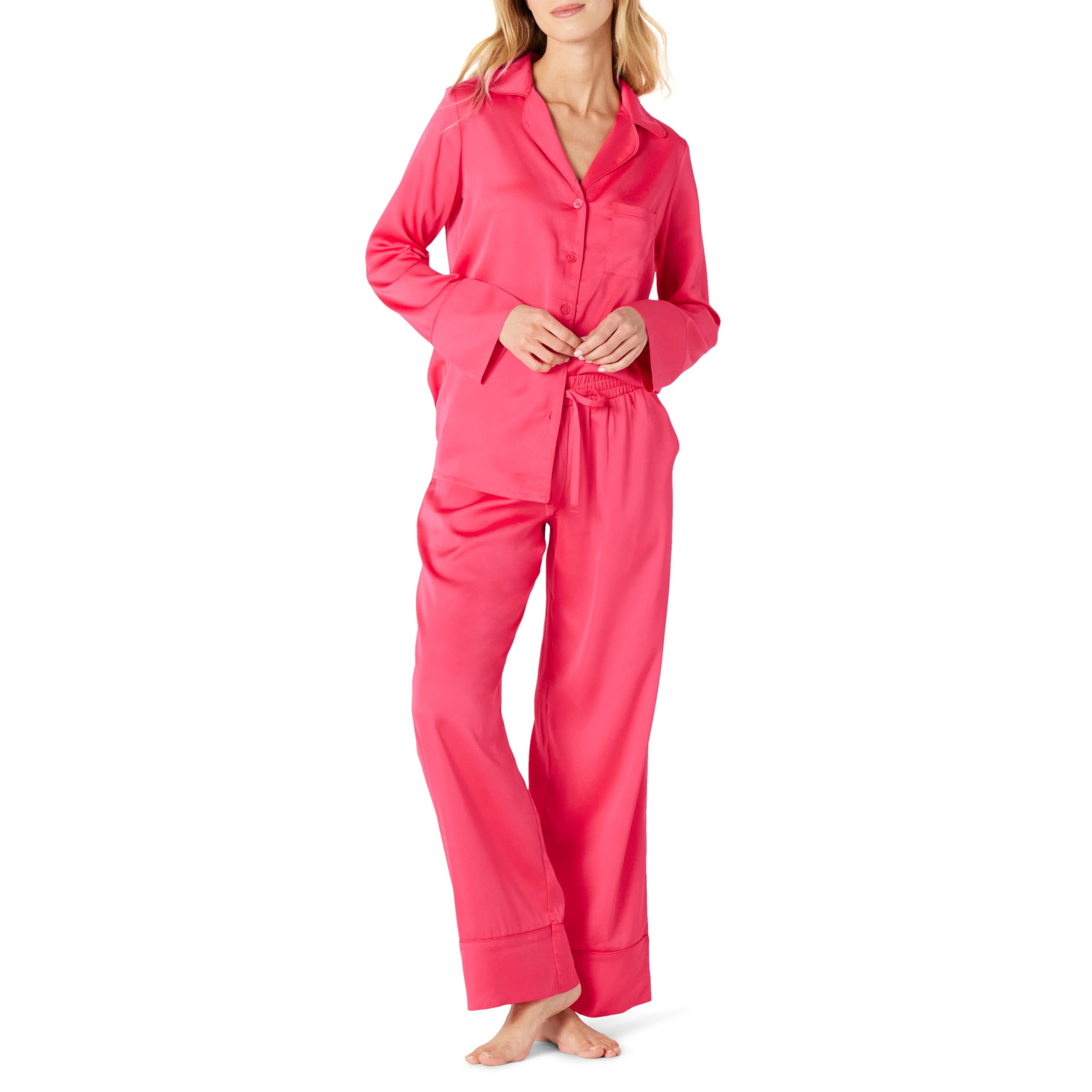 Amazon Essentials Women's Satin Long Sleeve Shirt and Pant Pajama Set, Hot Pink, X-Large