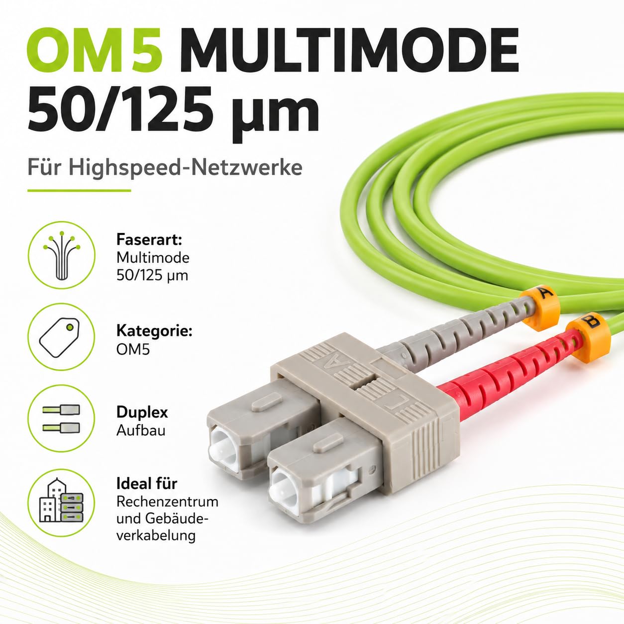 1 câble de brassage duplex OM5 LWL DX de 30 m, SC/UPC - SC/UPC MM multimode - 50/125 µm LSZH vert citron