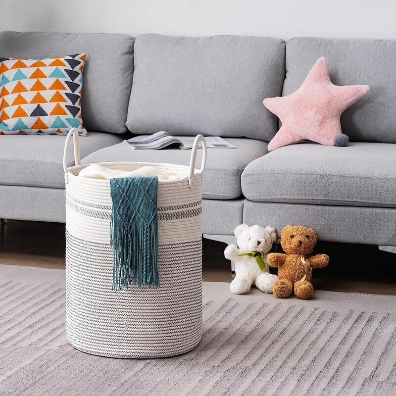 Image of Storage Cotton Rope Basket and Laundry Hamper for Dirty Clothes, Towels, Blankets, Pillows Storage in Living Room, Laundry Room and Bedroom (White Grey Mix, 14x18 Inch)
