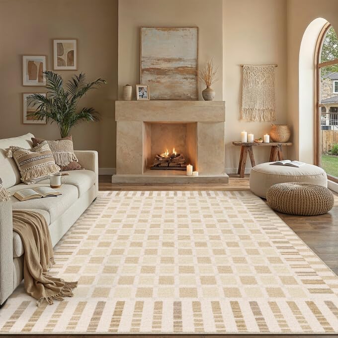 Beige 8x10 Area Rug for Living Room Neutral Machine Washable Large Checkered Rugs Non-Slip Stain Resistant Low Pile Boho Accent Indoor Office Throw Carpet for Bedroom Playroom Nursery