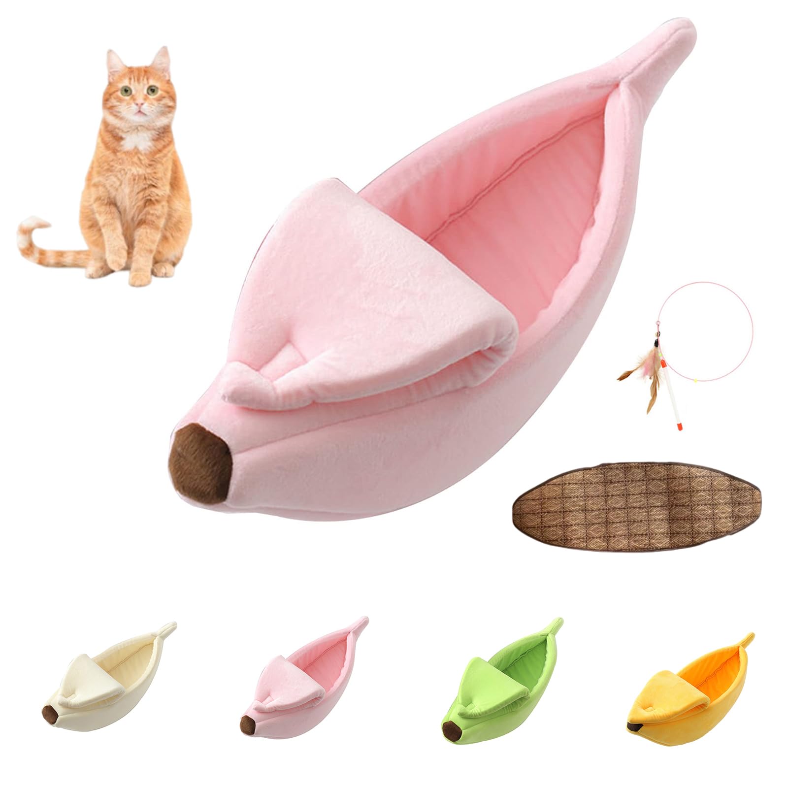 Banana Bed for Cats, Creative Banana Shape Pet Bed, Cute Breathable Cozy Warming Pet Sofa Bed for Cats Small Dogs Universal in All Seasons (Pink+Cooling Mat, 65 * 25 * 18cm)