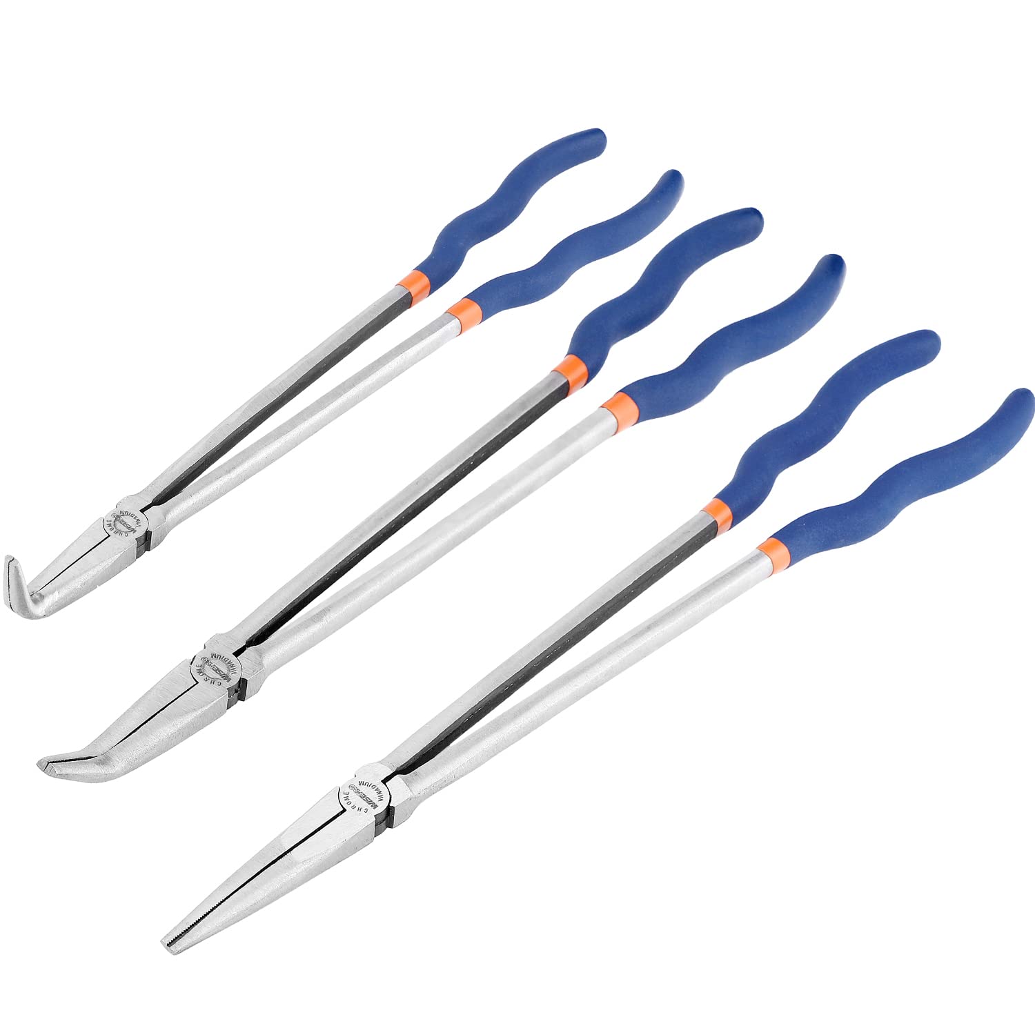 WISEPRO Long Reach 11inch/16inch Plier 3-Piece Set – 90-Degree Angle, 45-Degree Angle And Straight Needle Nose