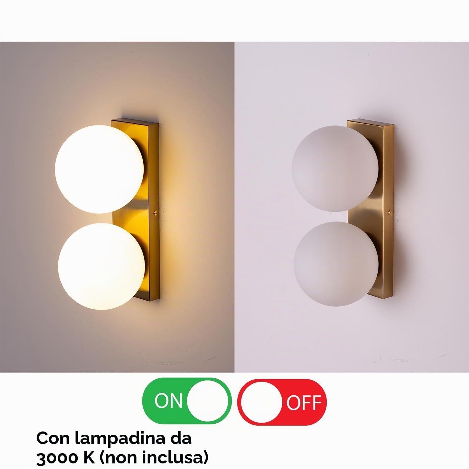 Alpinaluz Applique da parete con doppia sfera in vetro opaco Ø150 mm - Base rettangolare in metallo dorato per camera da letto, corridoio o installazione a soffitto - Attacco E27