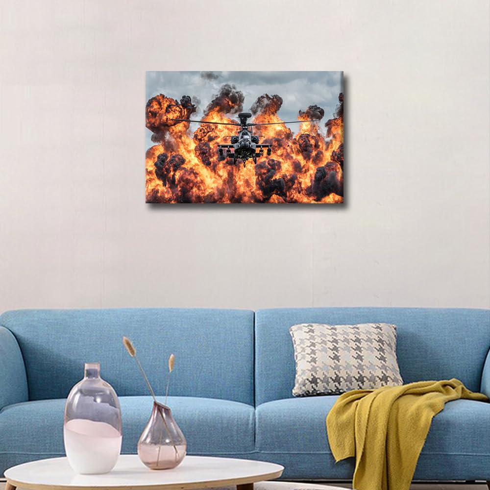 TISHIRON Military Aircraft Wall Art Decor Painting on Canvas Army Apache Attack Helicopter Pictures for Home Walls 1 Panel Office Wall Art Framed Modern Artwork for Living Room Bedroom 24x16in - Image 4