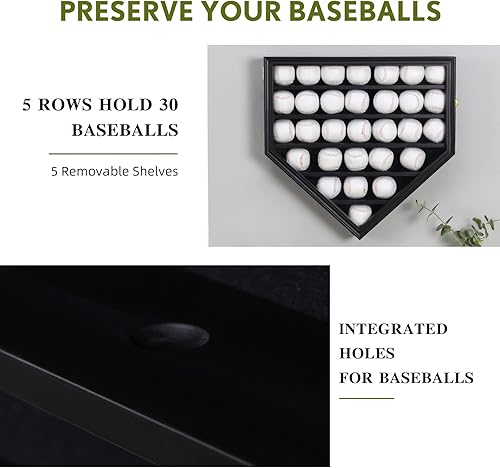 Miniatura 2 de ARRAWIS Vitrina de béisbol de madera maciza 30 soportes de béisbol para montaje en pared caja de sombra de béisbol con cerradura anti decoloración