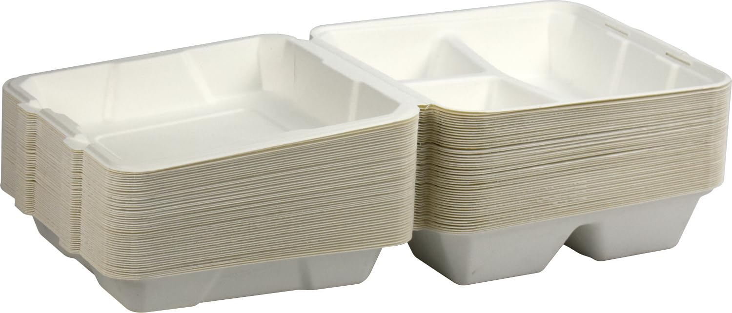 Catergold Eco-Bio Bagasse Clamshell 3CP Takeaway Box 9 x 9 Inch Pack of 50 Biodegradable Sugarcane Food Packaging (50)