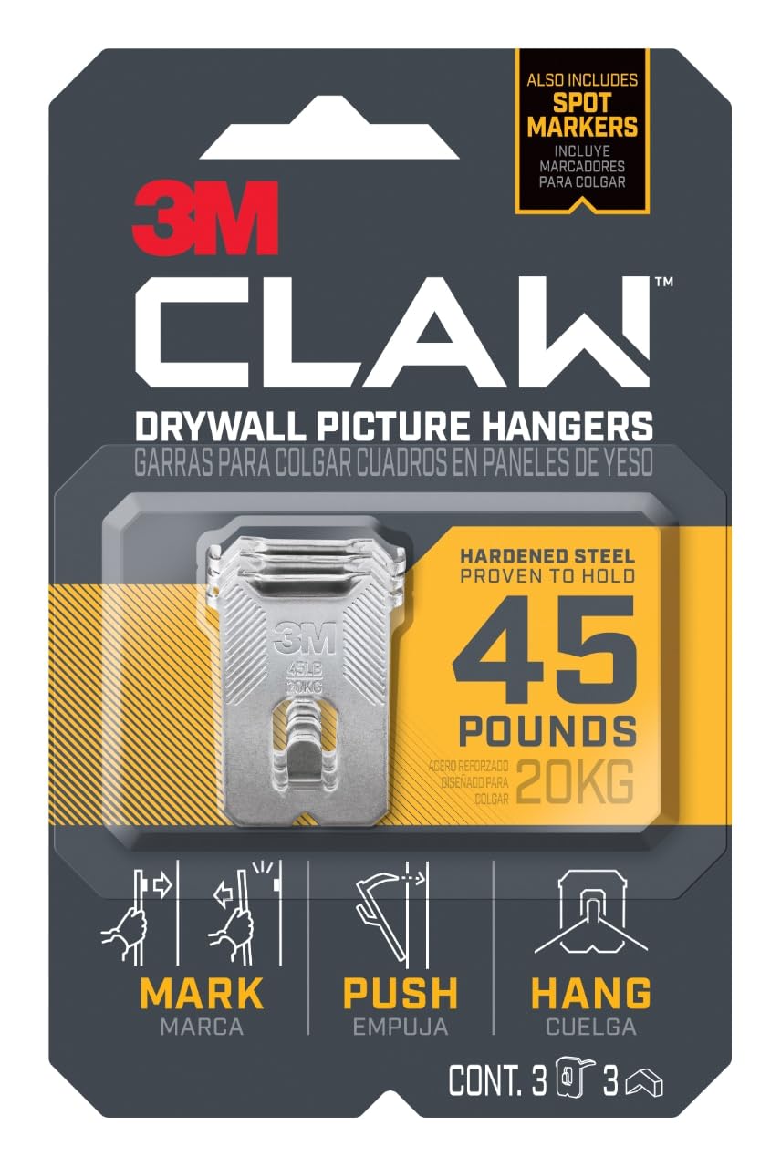 3m 3PH45M-3ES Claw Drywall Picture Hanger, Holds 45 Lbs, 3 Hooks and 3 Spot Markers, Stainless Steel,Silver