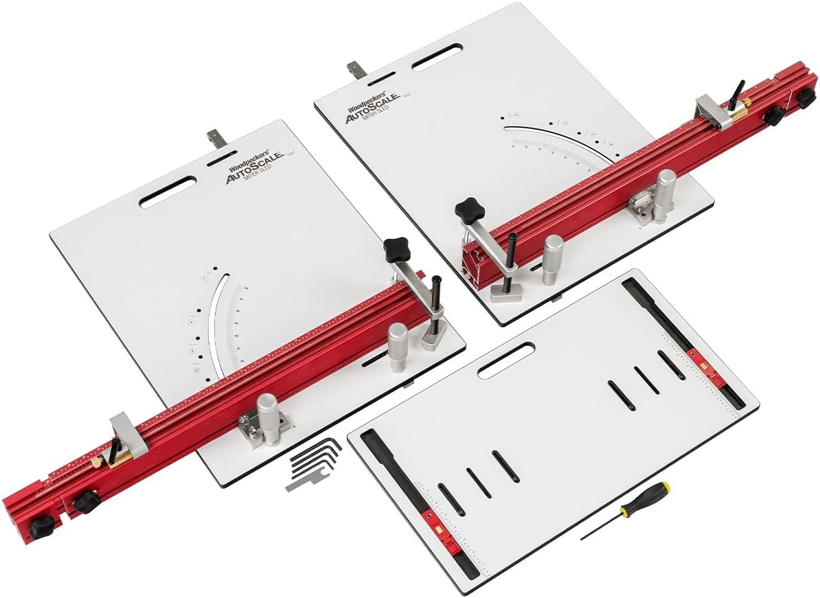 Woodpeckers AutoScale Miter Sled, Metric Right, Phenolic Table Saw Crosscut Sled, Extendable Auto Adjust Fence, 0°-60° Cuts, Leaf Spring Miter Bar