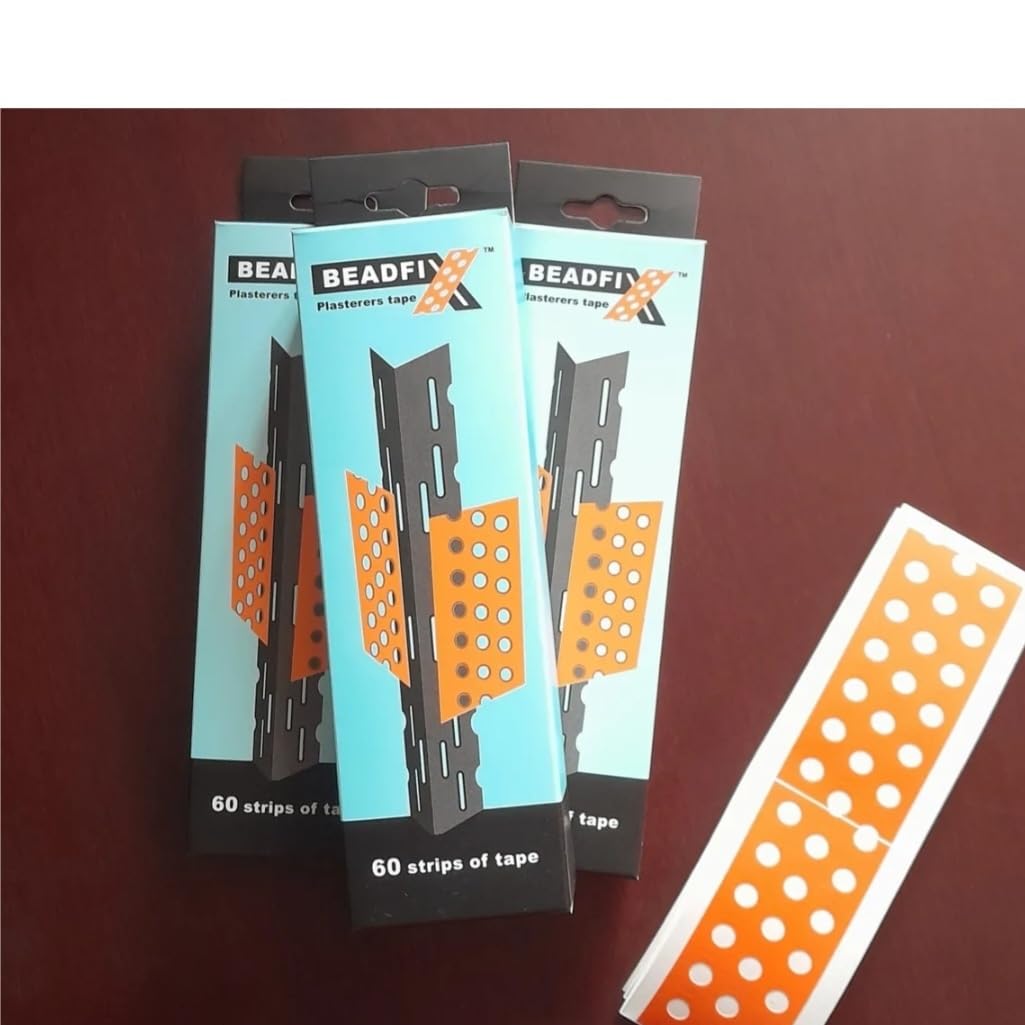 Beadfix Plasterers Tape- 60 Pre Cut Self Adhesive Strips for Corner Beads (3 Boxes)- Professional Grade Drywall & Plastering Tape- No Mess, Fast Fix Orange Strips for Metal & Plastic Beads