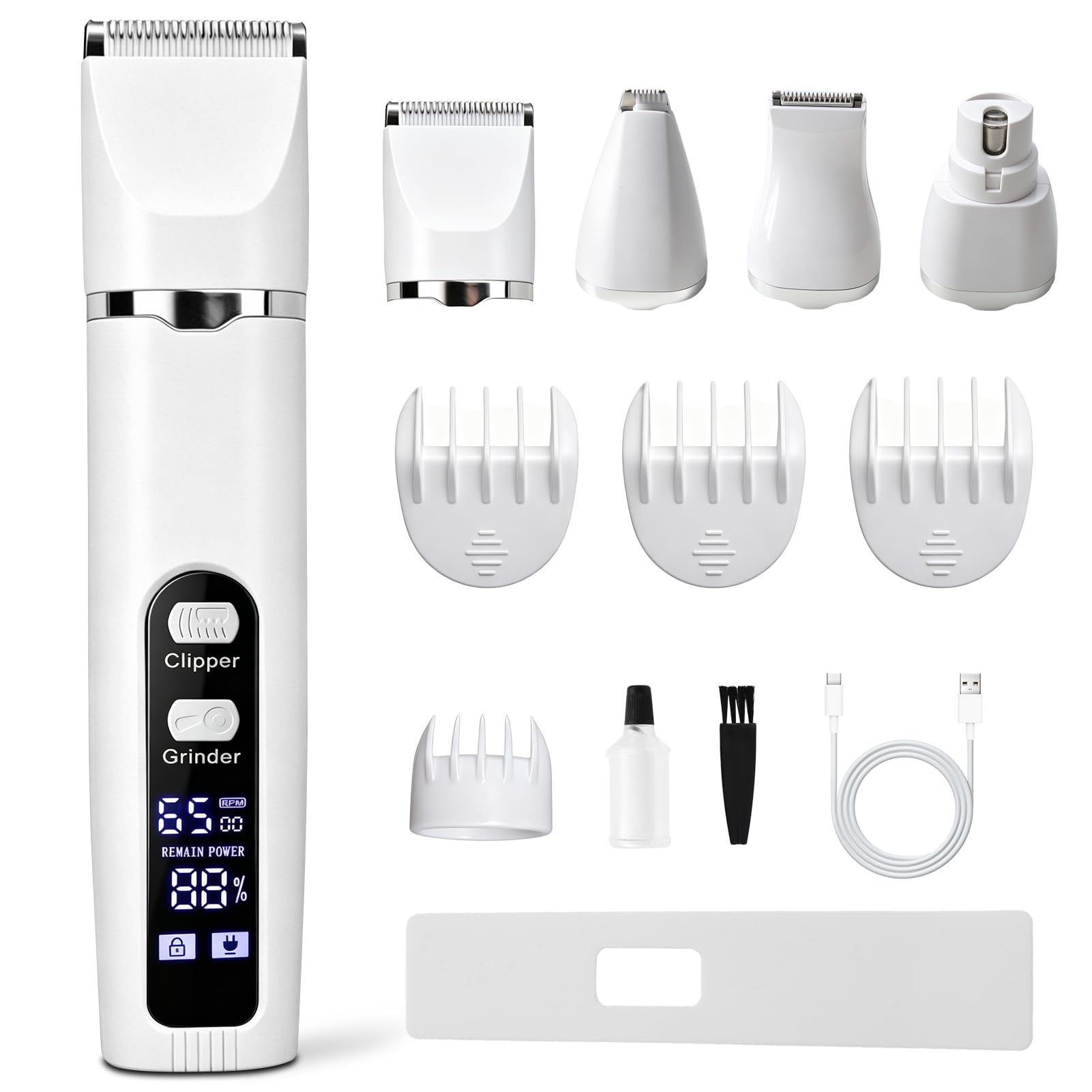 Kit Toilettage Chien 4 en 1, Tondeuse Chien et Tondeuse Chat Silencieuse Sans Fil, Tondeuse Pour Chien Professionnelle avec Écran LCD, Tondeuse Animaux pour Poils Longs et Pattes, Blanc