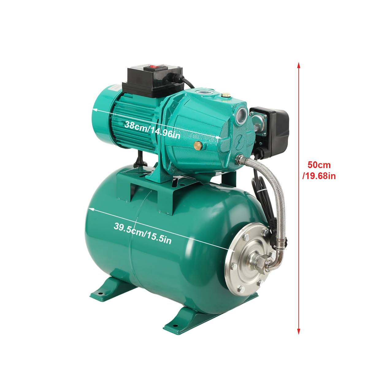 Bomba Agua Autoaspirante 1100W con Depósito 24L, Caudal 3000L/h | IP44 resistente al agua, caudal 50L/min, altura 45m, aspiración 9m, presión 3.5bar, conexión G1, para riego y drenaje