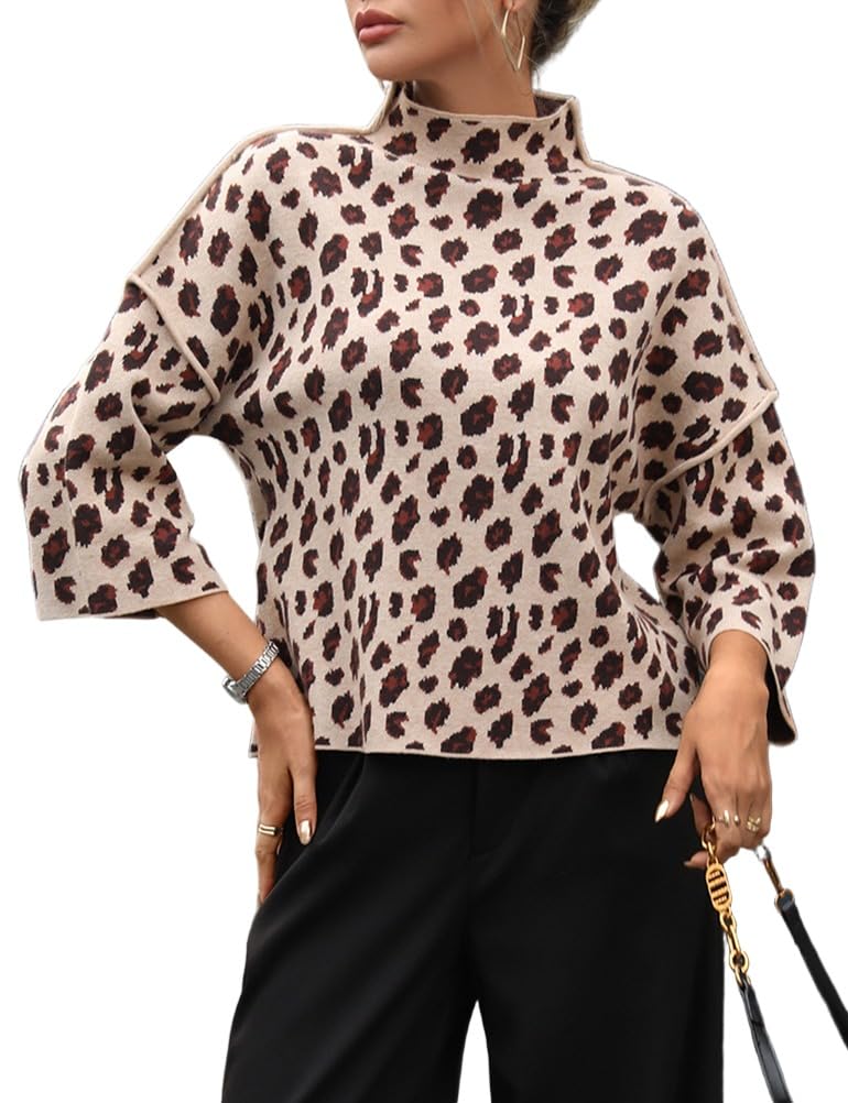 Kinghua Leopard Sweaters for Women Fall Winter Trendy Turtleneck Loose Fit Color Block Pullover Knit Tops
