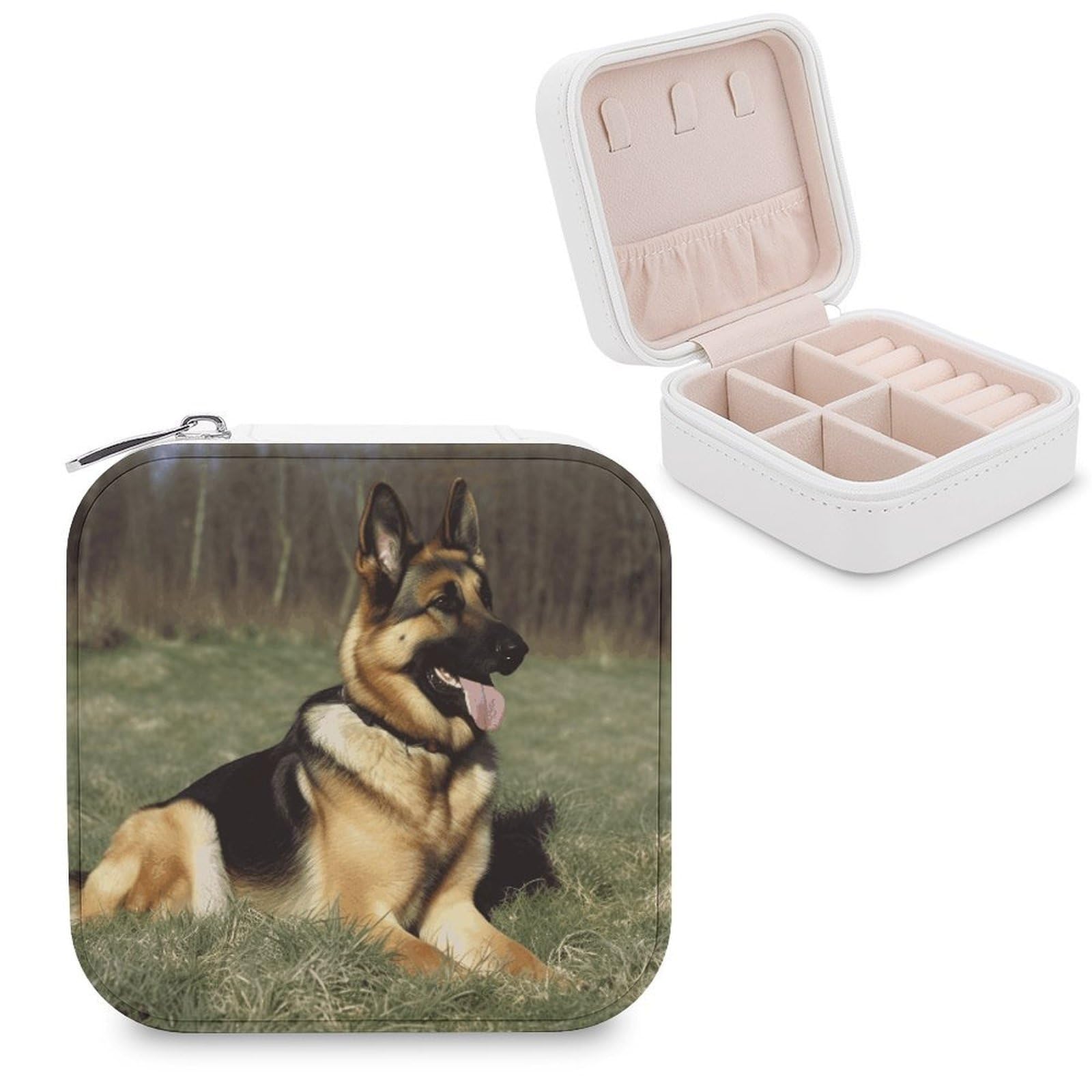 VstaDank German Shepherd Dog Jewelry Box for Women Jewelry Organizer Storage Case with Zipper Mini Travel Jewelry Case Cute Trinket Organizer Leather Portable Jewelry Storage Box