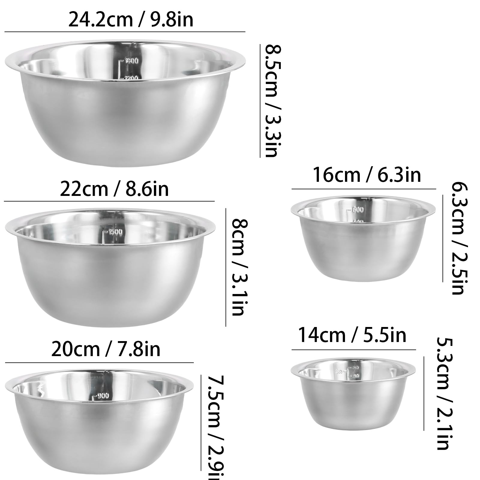 Set 5 Ciotole In Acciaio Inox Con Misurini – 500 A 2600 Ml, Salvaspazio, Multiuso, Lavabili In Lavastoviglie, Per Cucina E Cottura - 2