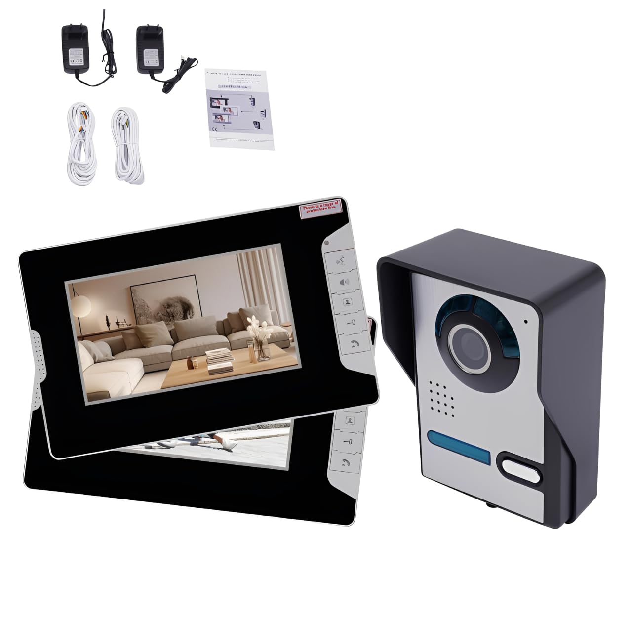 Video Türsprechanlage 4-Draht, Video-Türsprechanlagen-Set (Türöffner, 2 x 7 Monitor, Außenkamera Gegensprechanlage), Nachtsichtgerät, Zwei-Wege-Audio, 16 Klingeltöne, 92° Kamera