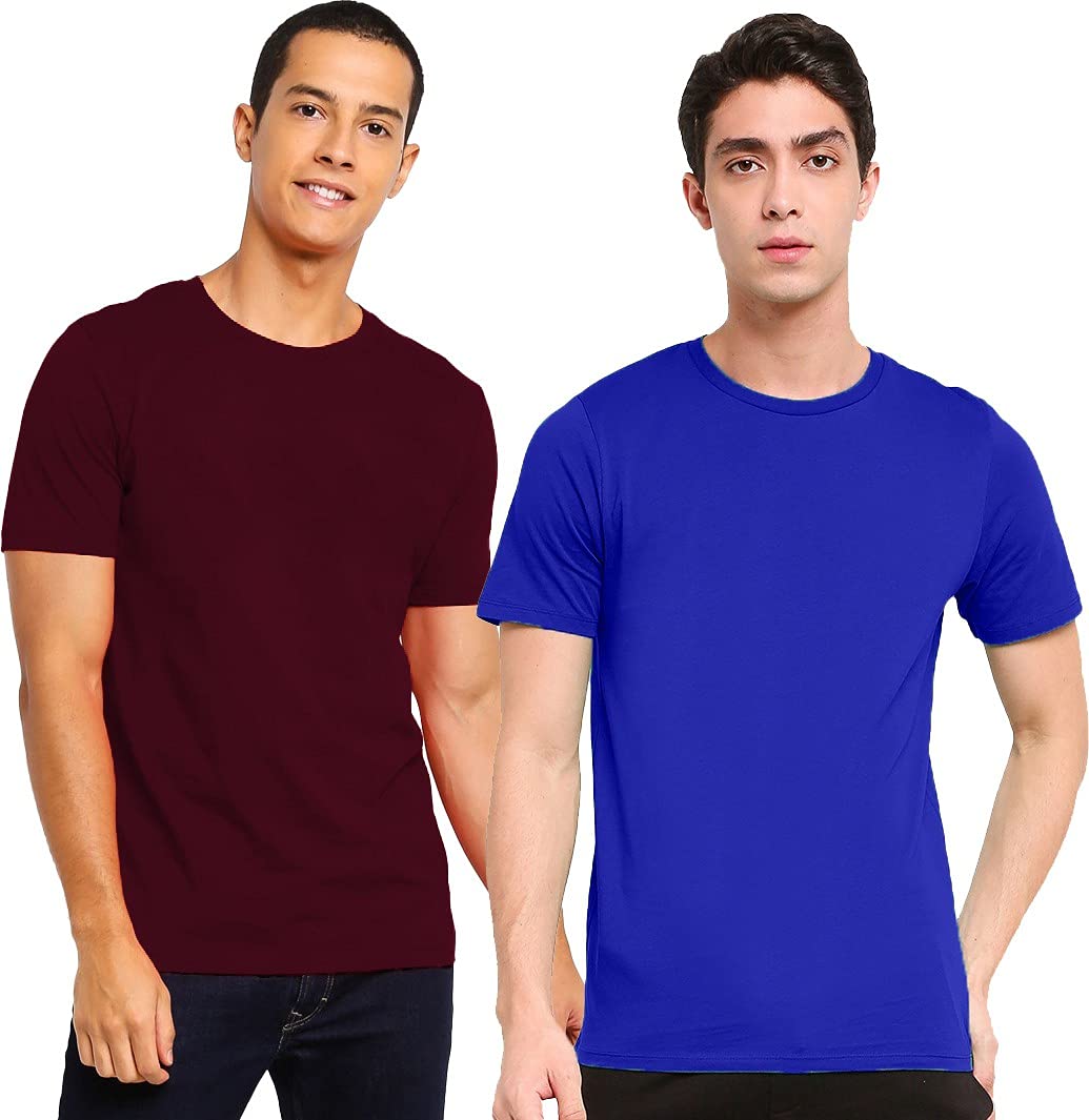 Mebadass Men's Regular Fit Plain Cotton T-Shirt(Combo Pack of 2)-Wine Magenta & Royal Blue