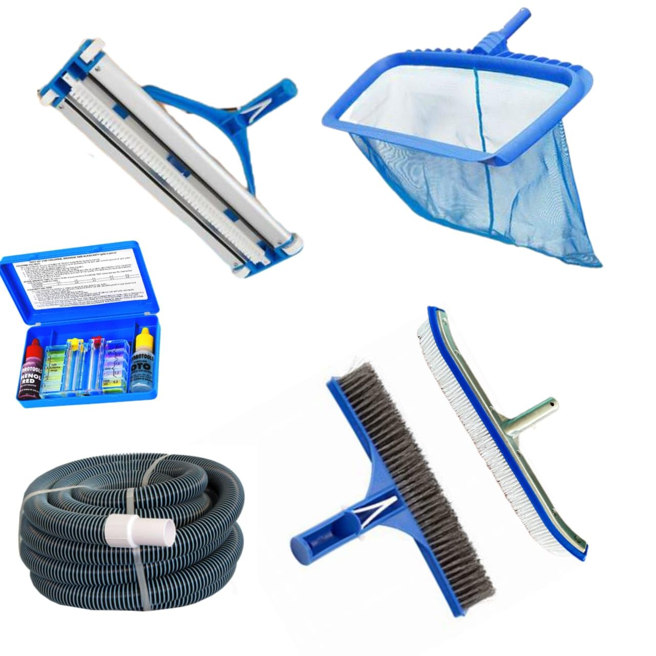 Swimming Pool Floor Cleanig kit Flexible EVA Hose Pipe 12mtr, Vacuum Head 18 inch,Wall Steel Handle Brush 18inch Wall and Floor, Pool Skimmer (Leaf net) Test kit, Algae Brush