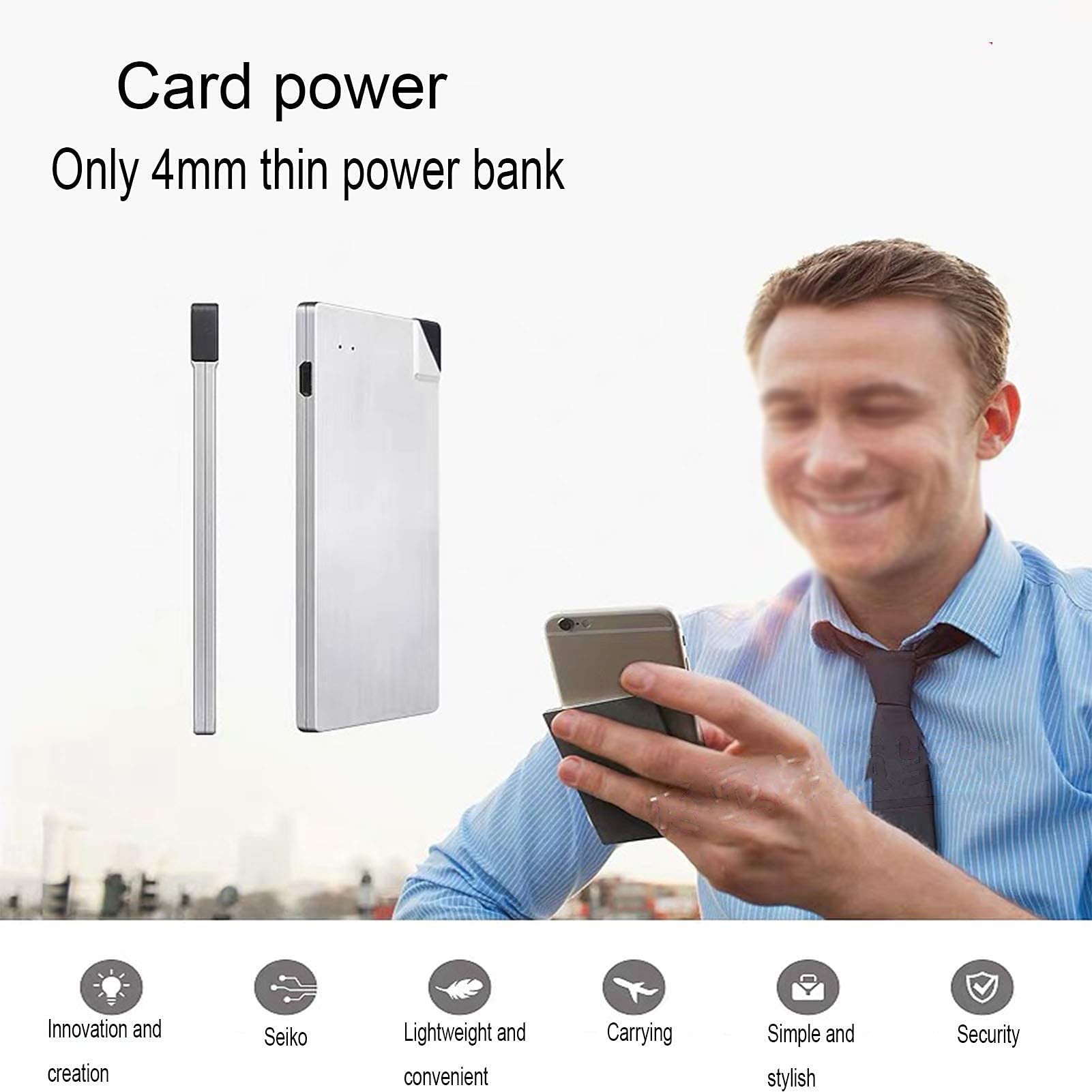 Powerbank Powerbank Ultracienka przenośna ładowarka do telefonu Wbudowany kabel Bateria zapasowa 2 wyjścia z 4 wskaźnikami LED do smartfonów, tabletów i urządzeń elektronicznych USB, czarny, typ C